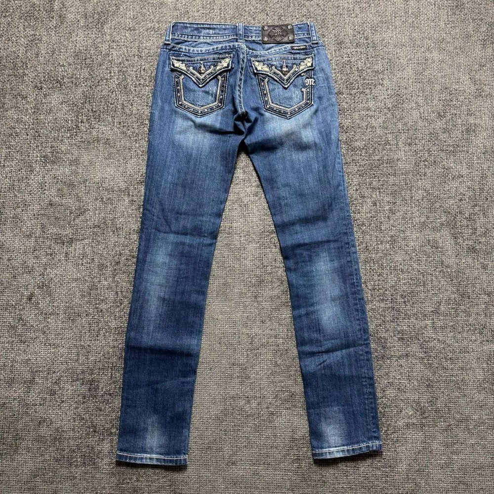 Miss Me Skinny Jeans Women 28x32  Blue Rhinestone Flap Pocket Low Rise JP5434S